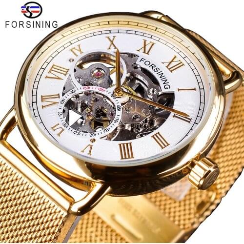 Forsining Fashion Mechanical Watches for Men Top Brand Luxury Classic Golden Mesh Band White Small Dial Waterproof Hook Buckle