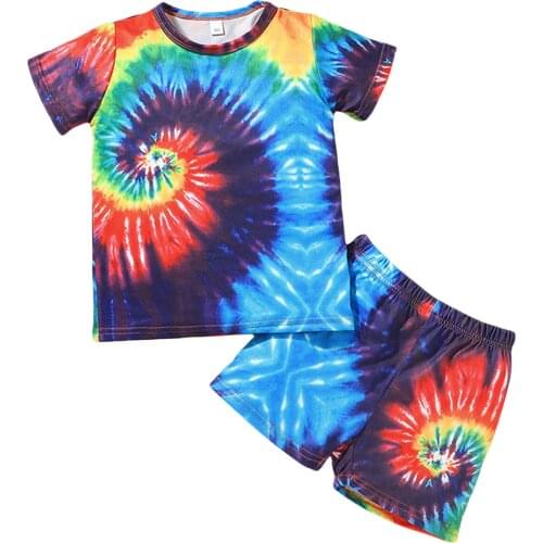OPPERIAYA Children Summer Cotton Tie-dye Clothes Casual Set Short Sleeve Round Collar Pullover T-shirt Elastic Waist Shorts