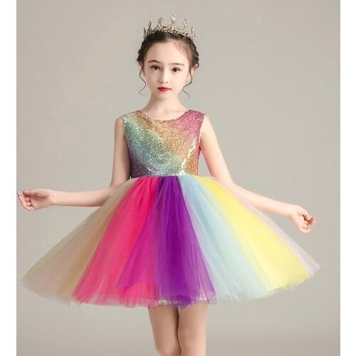 Kids Clothing Girls Dress Sleeveless Sequined Rainbow Matching Gradient Princess Net Gauze Tutu Dress Costume Carnival Dresses
