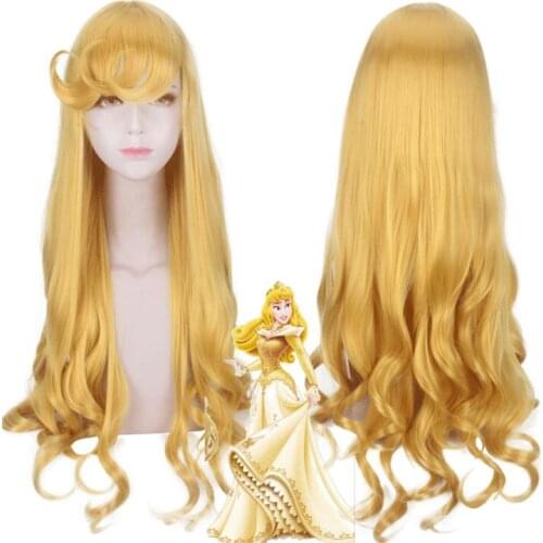 80CM Sleeping Beauty Princess Long Wavy Golden Cosplay Wig Synthetic Hair Perucas Halloween Costume Party Play Wigs For Women