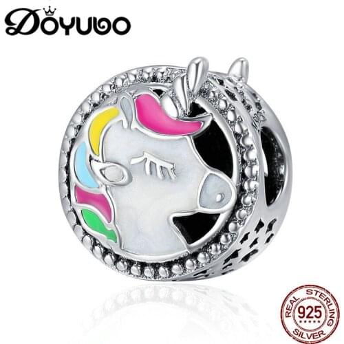 DOYUBO New Design 925 Sterling Silver Colorful Enamel Unicorn Beads To Fit Snake Bracelets Pure Silver DIY Charms Jewelry ADD025