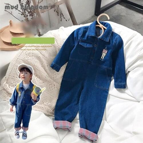 Mudkingdom Fashion Girl Denim Bodysuit Cartoon Long Sleeve Turn-down Collar Straight Pants for Kids Casual Pocket Jeans Trousers