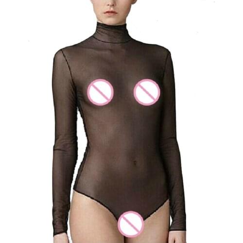 Long Sleeve Tight Mesh Perspective Body Dark Buckle Open Crotch Underwear Fishnet Bodysuit Erotic Lingerie Clubwear Bodystocking