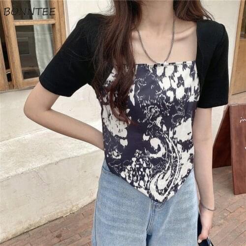 T-shirts Women Print Summer Cropped Design Cool Patchwork Stylish Streetwear Square Collar Top Tees Ladies Holiday Clothing Ins