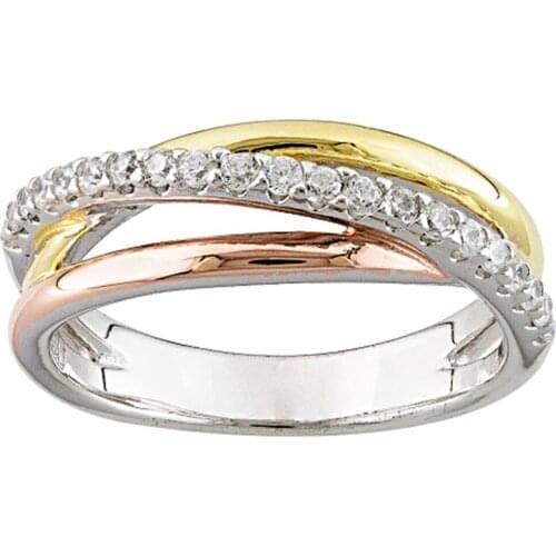 Huitan Dainty Cross Finger Ring for Women Three Tone Shiny Crystal Zircon Female Dance Party Versatile Ring Daily Wear Jewelry