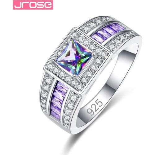 JROSE Wholesale Gorgeous Fancy Rainbow & Blue & Purple & White Cubic Zirconia Silver Wedding Ring Size 6 7 8 9 Christmas Gifts
