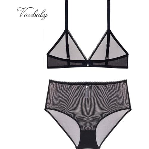 Varsbaby sexy transparent deep V underwear comfortable yarn bras and high-rise panties set