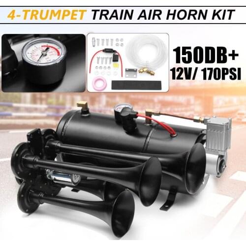 Truck Train Quad 4 Trumpet Air Horn Kit Black 170 PSI 12V 3Liters Compressor & House 150db