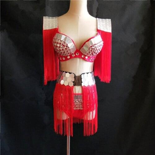 EC67 Red ballroom dance bikini dj sexy dress outfit singer stage show wears prom silver mirror costume catwalk performance bar