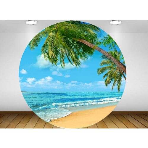 Round circle background summer Seaside scenery beach Backdrop baby shower kids birthday Party table Covers decor blue sky YY465
