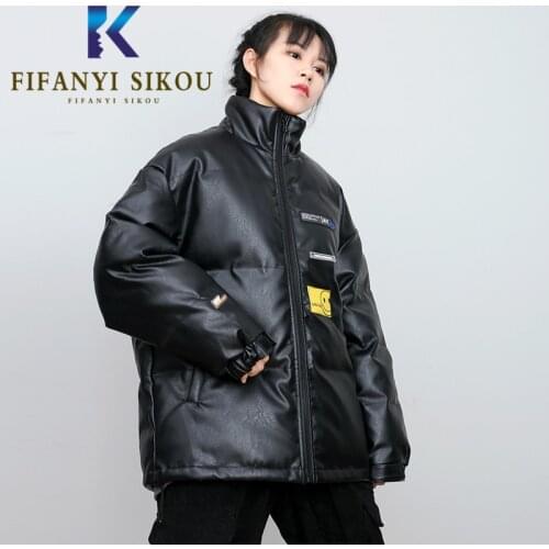 Winter Jacket Women Streetwear Fashion Black PU Leather Jacket Thick Warm Down Cotton Coat Female Loose Plus Size Winter Coats