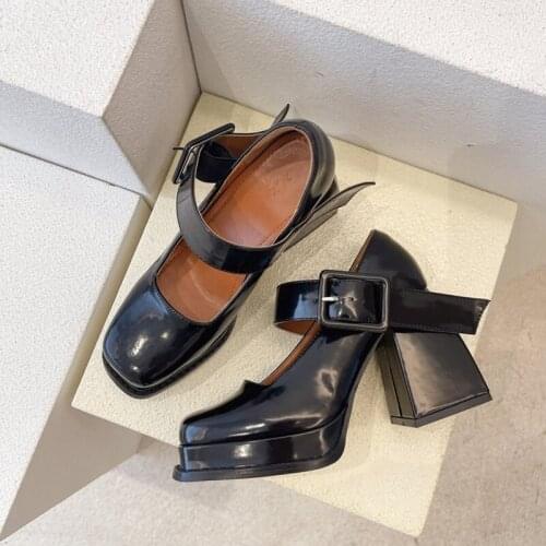 Patent Leather Big Buckle Woman Mary Jane Shoes Platform Black Lace Square Toe Chunky High Heel Single Ankle Strap Party Lolita