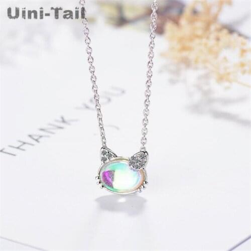 Uini-Tail hot new 925 sterling silver cute cat glass necklace sweet fashion tide flow kitten pendant high quality jewelry ED201