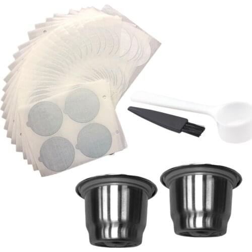 Metal Capsules Reusable Coffee Filter Replacement Filter Refillable Cup with Aluminum Seals Stickers Spoon Brush