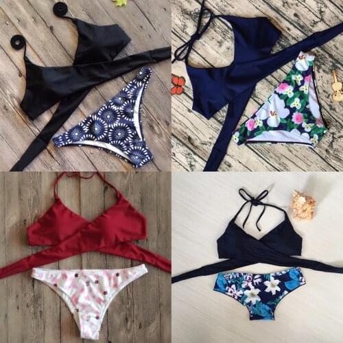 Cute Bikini Summer Beach Womens Swimsuit Sexy Split Printed Cross Halter Strap Swimsuit Set