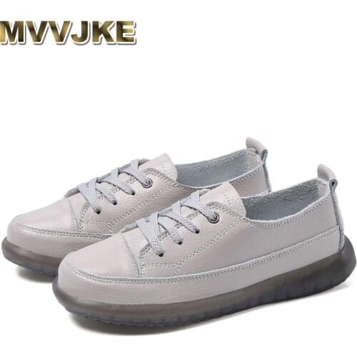 MVVJKE Sport Shoes Women Natural Genuine Leather Flat Casual Shoes Female Ballet Flats Lace Up White Court Sneakers Ladies Flats