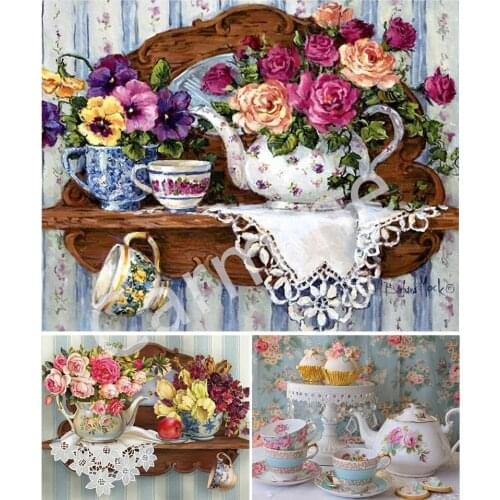 5D DIY Flower And Tea Set Diamond Painting Cross Stitch Art Diamond Embroidery Handmade Full Round&Square Drill Home Decoration