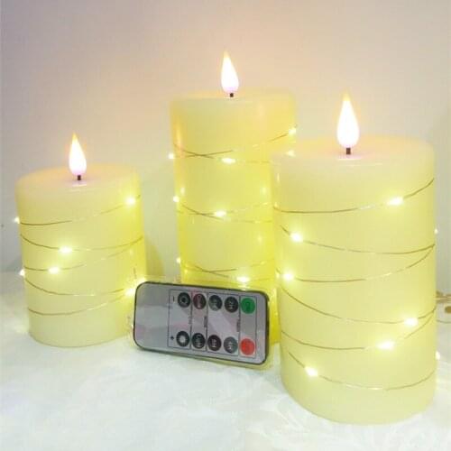 Set of 3 Flickering 3D Wick Battery operated Paraffin Pillar Candle w/embedded Led String Xmas Wedding Bar Atmosphere Lighting