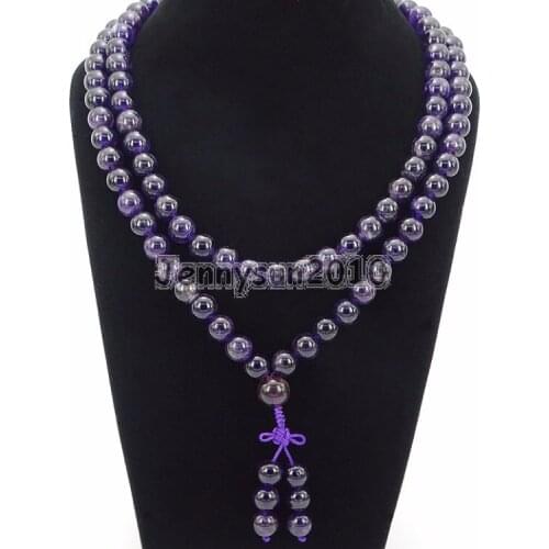 Natural Am-ethyst 10mm Gems Stone Buddhist 108 Bead Prayer Mala Long Necklace Multi-Purpose Bracelet Necklace 5Strands/Pack