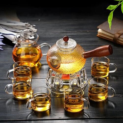 All Ready Creative New Borosilicate Glass Tea Set Teapot With Cups Bamboo Tea Tray Kettle Warmer Christmas Gift Teaset Tableware
