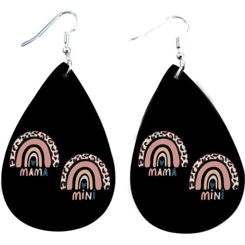 Rainbow Mama Printed Faux Leather Earrings Leopard Mathers Day Teardrop Leaf Earrings 2021