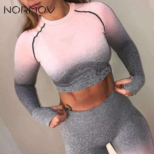 NORMOV Women T-shirt Yoga Top Fitness Clothing Women Seamless Long Sleeve Workout GymShirt Female Sportswear Breathable Clothing