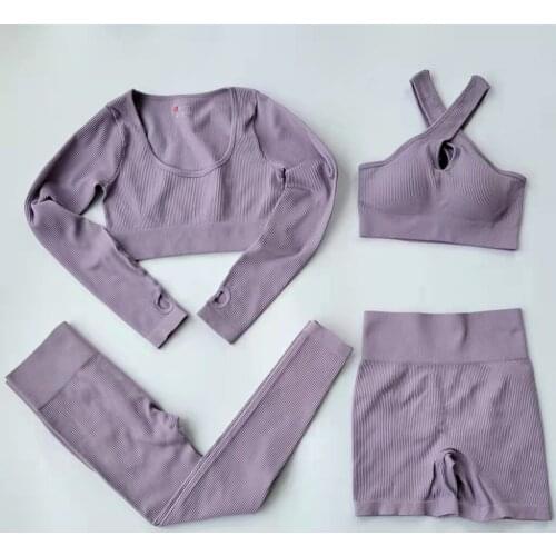 Women 2 Pieces Yoga Set Sport Suit Gym Wear Workout Clothes Long Sleeve Gym Crop Top High Waist Leggings Fitness Sports Wear