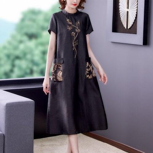 2021 New Summer Women Short Sleeve Loose Long Dress Vintage Chinese Style High Quality Embroidery Silk Dress