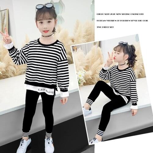 Girls Suits Sweatshirts + Pants 2pcs Kids Cotton Tracksuit 2021 Stripe Spring Autumn Uniforms Sport Teenagers Outwear Children S