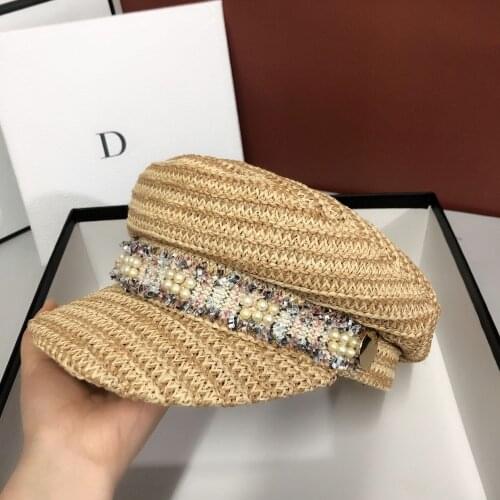 202003-zhouqi Straw weaving Ventilation pearl ribbon street leisure lady hat women leisure visors cap