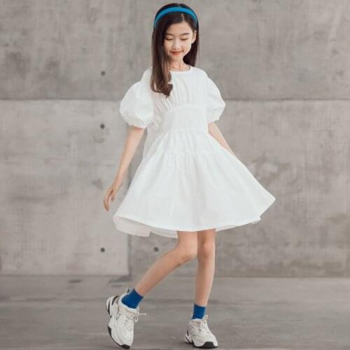 2021 Summer Dress Elegant Kids Dresses for Girls Clothes White Puff Sleeve Children Dress Princess Costume 6 8 10 12 14 16 Yrs