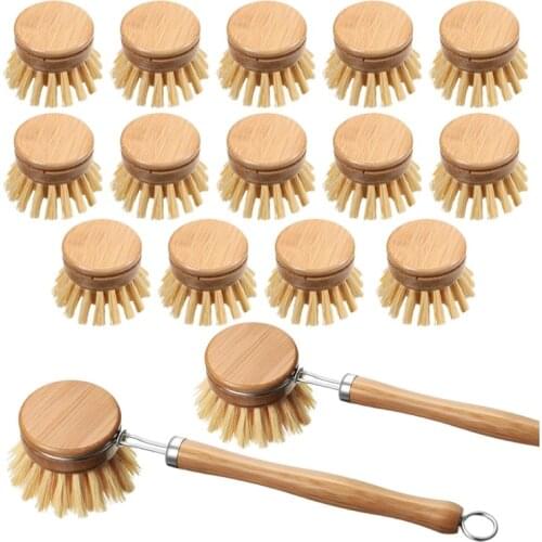Bamboo Kitchen Dish Brush Include(2 Pcs)Scrub Cleaning Brush And(14 Pcs)Replacement Brush Heads,Cleaning Supplies