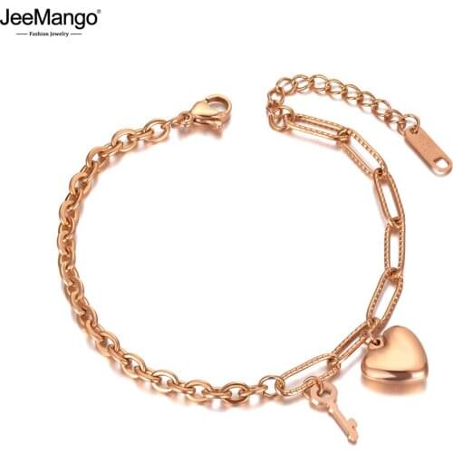 JeeMango Stainless Steel Key & Heart Charm Bracelets For Women Girl Bohemia Rose Gold Chain & Link Bracelet Jewelry JB20067