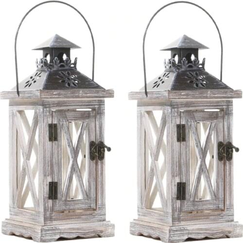 2 Pack Decorative Lantern Candle Holder Wooden Rustic Style for Table Top Mantle Wall Hanging Decor Indoor Outdoor Use