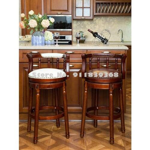 European Style Solid Wood Bar Chair Family American Style Back High Stool Retro Leather Rivet Rotary Bar Chair