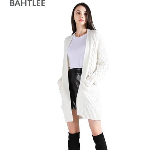 BAHTLEE Winter Womens White Wool Cardigans Knitted Sweater With Pockets V-Neck Long Sleeves Jacquard Process Thick Keep Warm