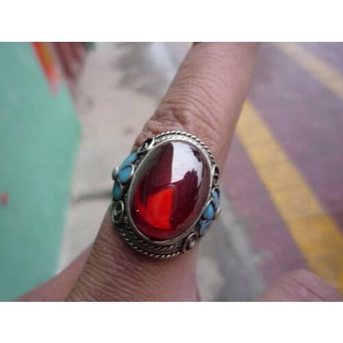 Collections Qing Dynasty beautiful jewelry silver&Cloisonne&Ruby ring,free shipping