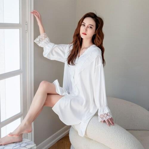 Summer Homedress Womens Satin Chiffon Nightgown Printing Sleepwear Full Sleeve Shirt Nightdress Sleepshirts Sexy Home Clothing