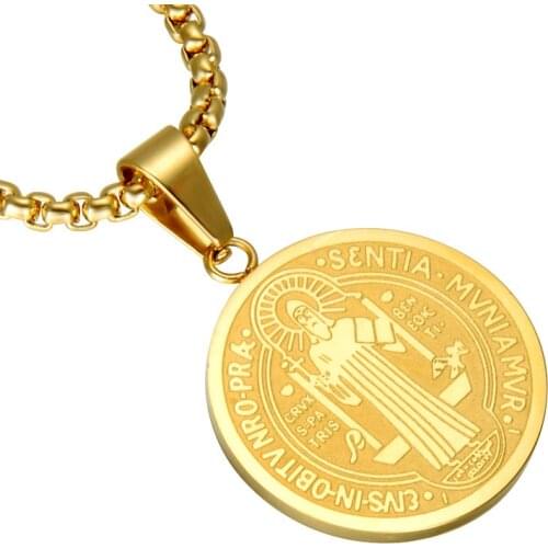 Mens Stainless Steel Necklace Catholic Charms Saint Benedict Patron Traveler Medallion Jewelry Christian Collection Fathers Days