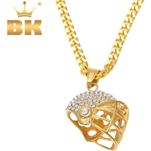 Unisex Stainless Steel Gold Tone Lab Rhinestone 3D Baseball Helmet Pendant Necklace With 30" Cuban Chain Hip Hop Men Jewelry