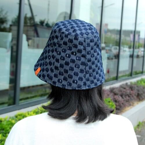 Denim Lattice Bucket Hat Unisex Personality Pattern Fisherman Hast Outdoor Street Japanese Wild Fashion Basin Cap