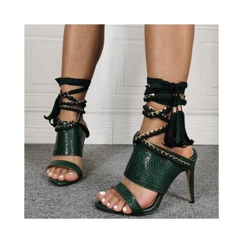 Real photo high heel sandal for women summer snake Skin tie up gladiator strap stiletto rope female peep toe shoes women size47