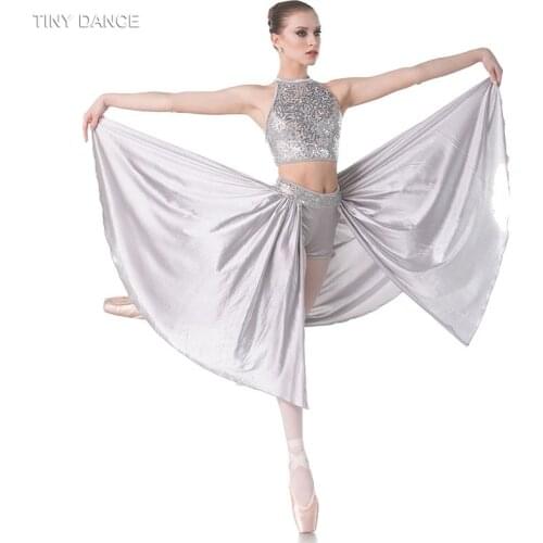Grey Sequin Lace Over Grey Spandex Crop with Elastic Midriff Ballet, Lyrical and Contemporary Dance Costume Sequin Dress 18009
