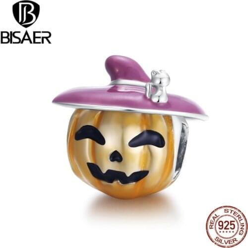 BISAER Halloween Pumpkin Charms 925 Sterling Silver Playful Pumpkin Pendant Beads Fit DIY Bracelet Necklace For Women Jewelry