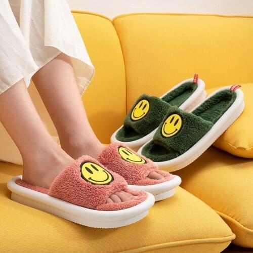 Women Winter Home Slippers Couples Cartoon Cute Smiley Platform Floor Warm Shoes Fluffy Fur Push Non-Slip Chaussure Femme