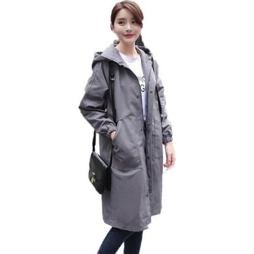 Womens Trench Coat New Spring Autumn Middle Length Trench Female Coat Large Size Loose Casual Hooded Outerwear Gray Black W572