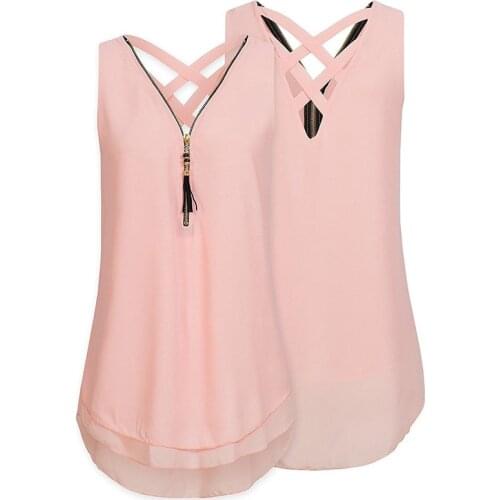 Summer 2019 Plus Size Zipper V-Neck Slim Casual Women Tops Solid Fashion Ladies Chiffon Blouse Shirt Black Pink Blusas Clothing