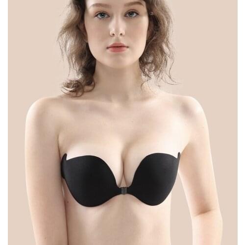 Ladies Wedding Party Anti-bump and Anti-glare Non-strapless Black Chest Patch Fishtail Gather Front Buckle Solid Color Bra
