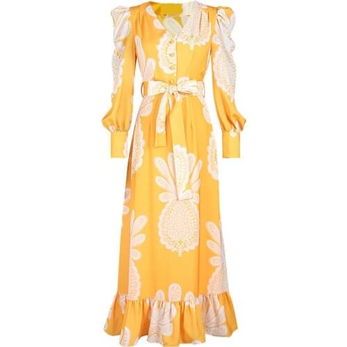 S-XXL High Quality 2021 New Fashion Printed V-Neck Slim Lace-Up Lantern Long Sleeve Ruffled Mid-Length Casual Woman Dress