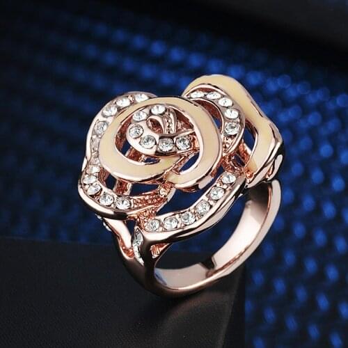 Rose Flower Hollow-out Rhinestone Alloy Big-sized Womens Fashion Jewelry Statement Ring Valentines Day Rings Floral Jewellery